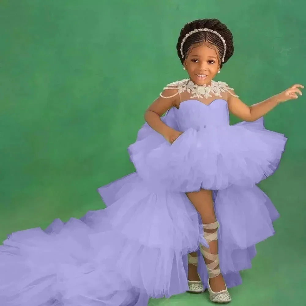 Little Girls Mint Green Tiered High-Low First Communion Gown