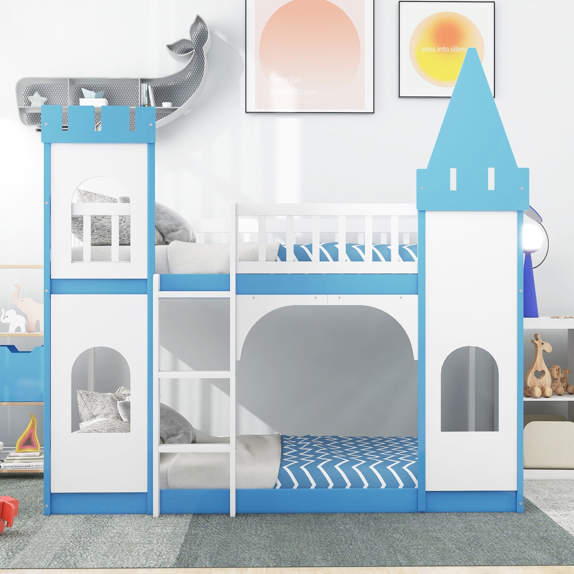 Twin Over Twin Castle Bunk Bed with Ladder childrensterritory