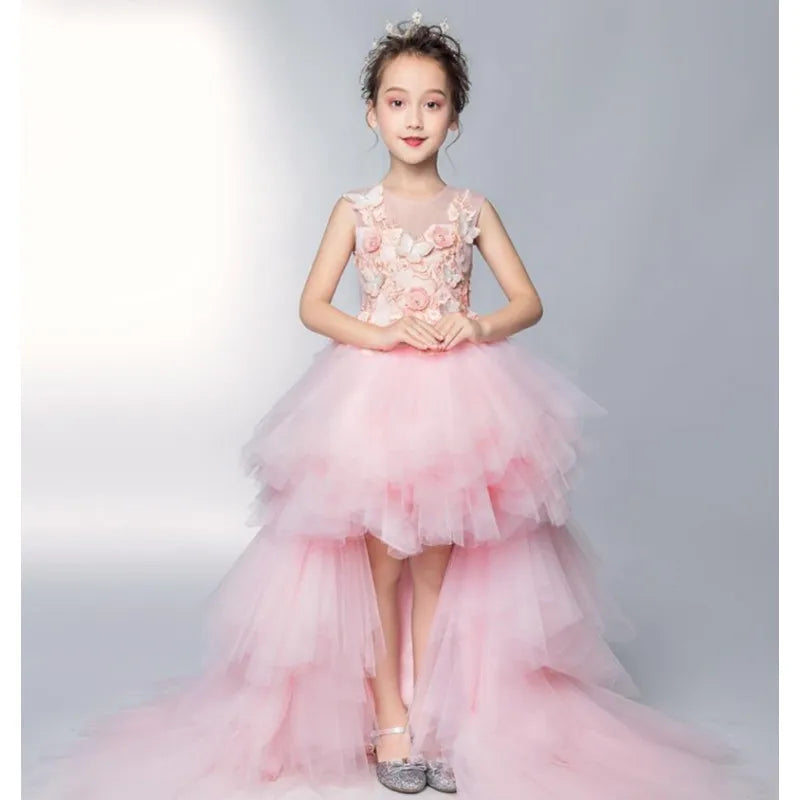Baby/Kids Girls Pink Tulle Trailing Princess Gown