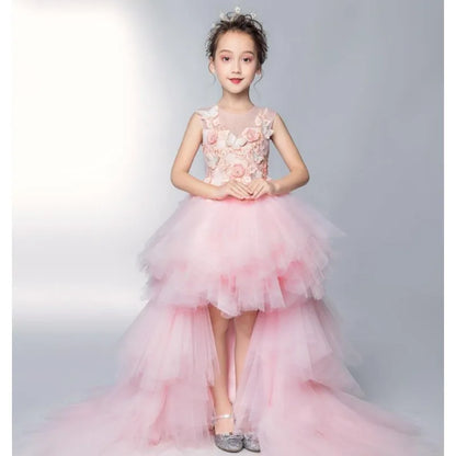 Baby/Kids Girls Pink Tulle Trailing Princess Gown