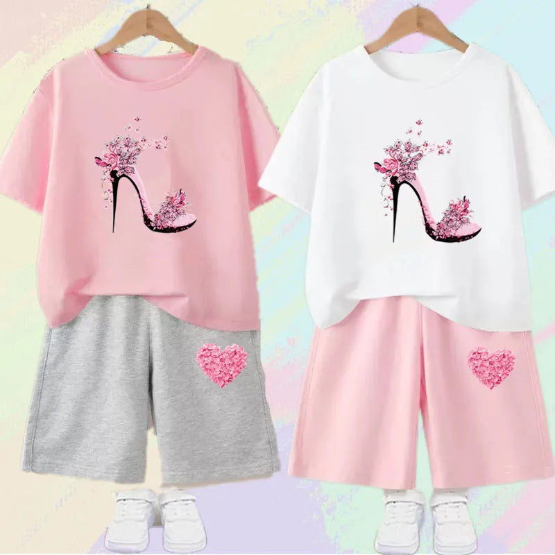 Kids Girls Butterfly High Heel T-shirt +Shorts 2 Piece Tracksuits childrensterritory