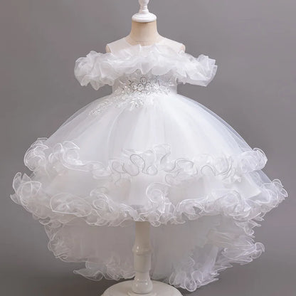 Kids Girls Soft Gauze Solid Color Party Desses with Trailing childrensterritory