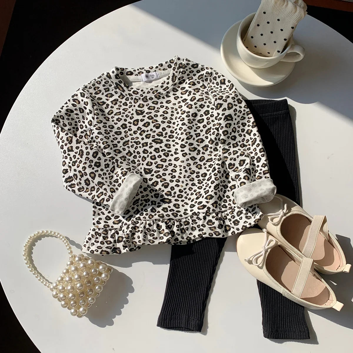 Little Girls Stylish Print Tops with Pant Outfit Set for Autumn