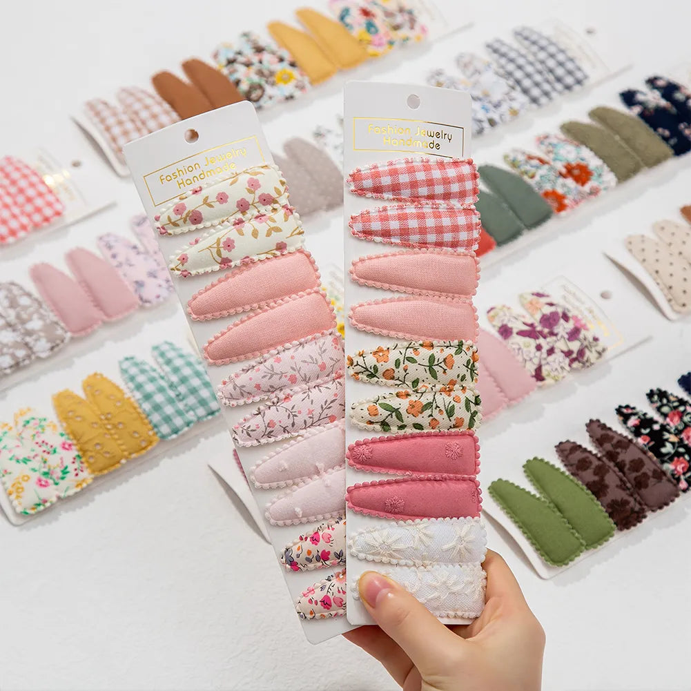 10 Pieces/Lot Flower Print Cotton Alloy Hair Clips Set childrensterritory