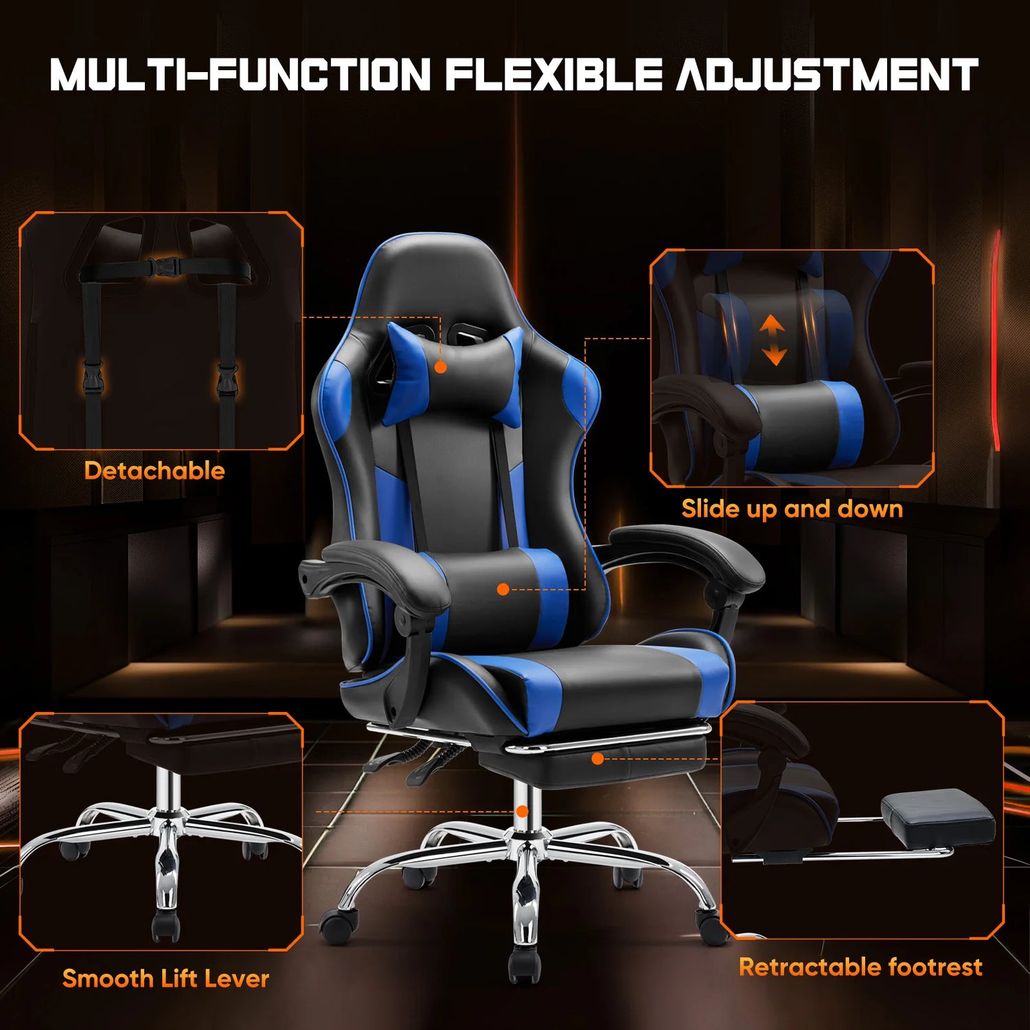 Adjustable Swivel Gaming Chair with Headrest and Spine Support childrensterritory