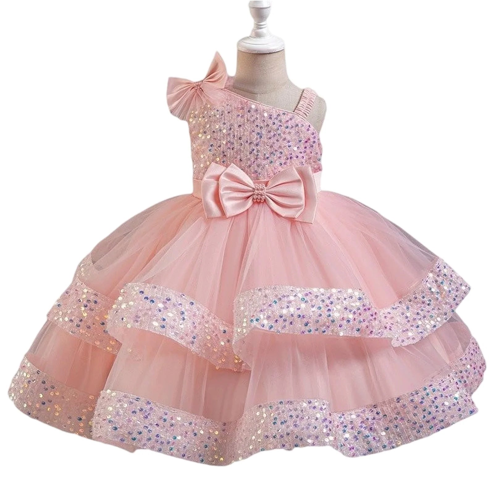Kids Girls Sequins and Bow Design Birthday Party Flower Dresses