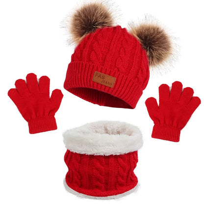 Toddler 3Pcs Cute Pompom Knitted Hats Scarf Gloves Set childrensterritory