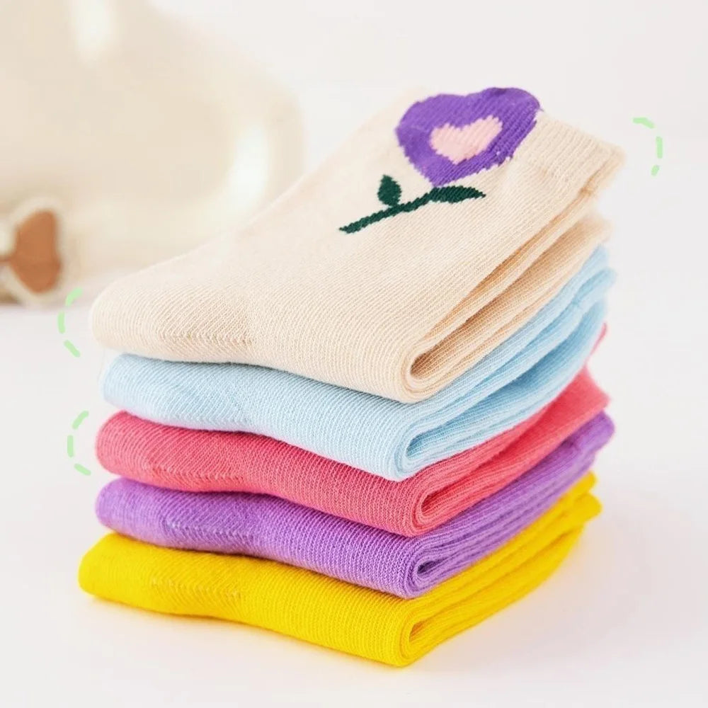 Cute Flower Cartoon Pattern 5 Pairs of Socks For Girls