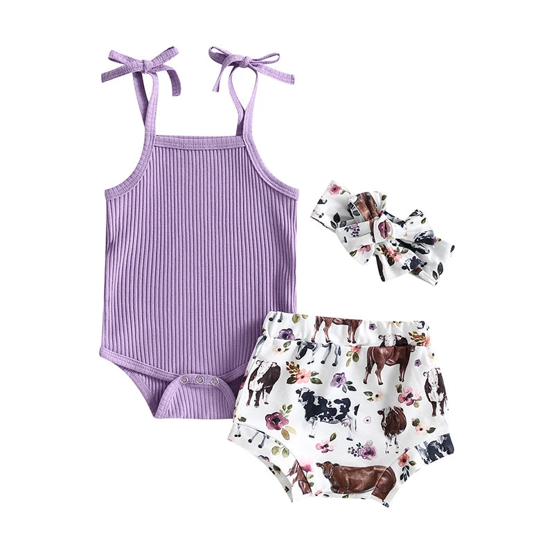 Baby Girl Sleeveless Romper and Print Shorts Set