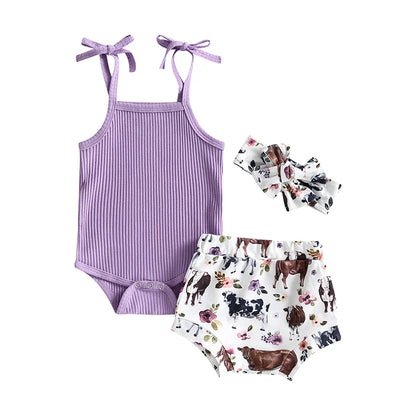 Baby Girl Sleeveless Romper and Print Shorts Set
