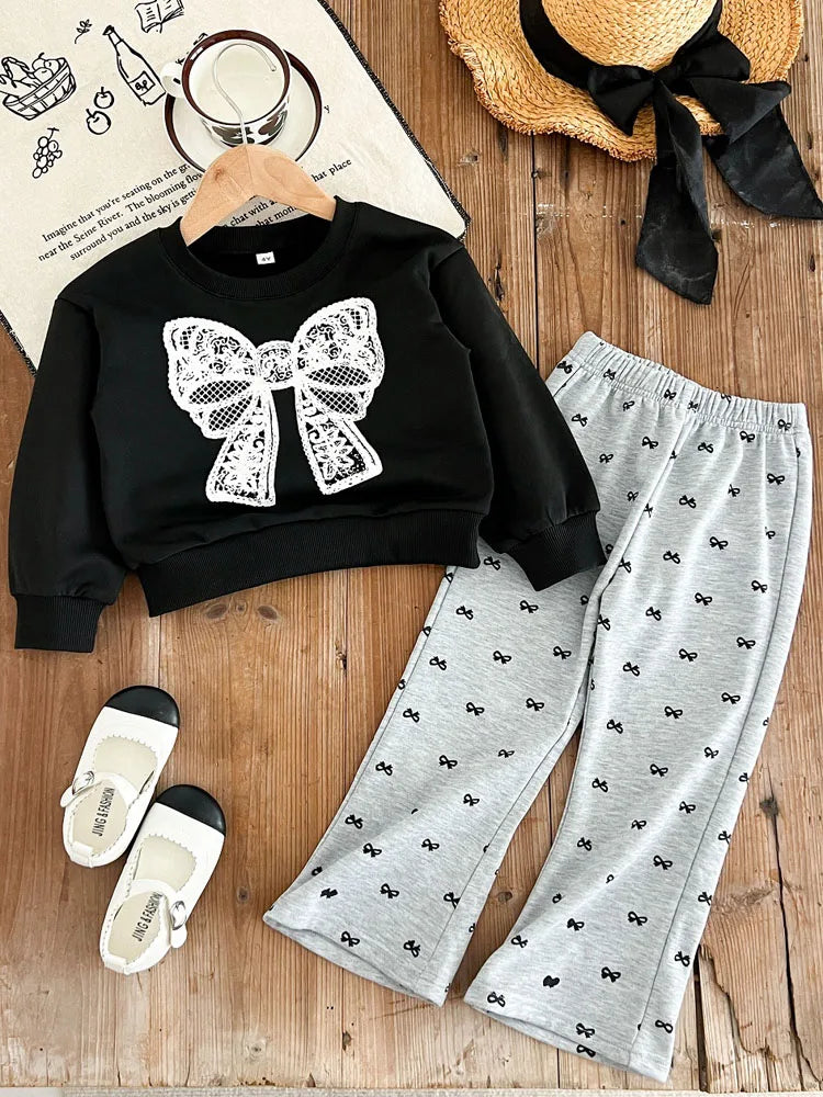 Girls Bow Design Long Sleeves Casual Clothing Set childrensterritory