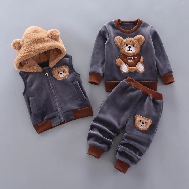 Baby Fleece Cartoon Bear Design, 3 Pieces Warm Clothing Set childrensterritory