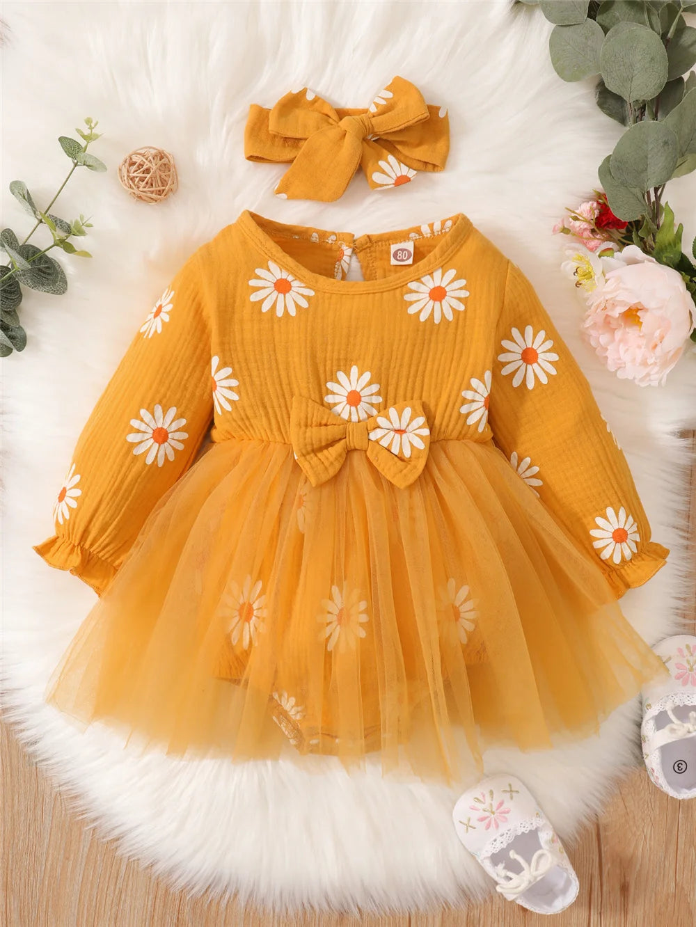 Baby Girl Flowers Print Tulle Bodysuit with Headband childrensterritory