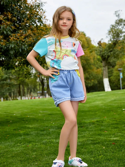 Kids Girls Cartoon Printed T-shirt and Denim Short Set childrensterritory
