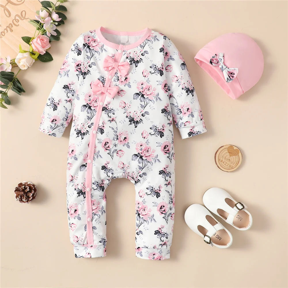 Baby Girl Long Sleeve Flower Bodysuit with Hat