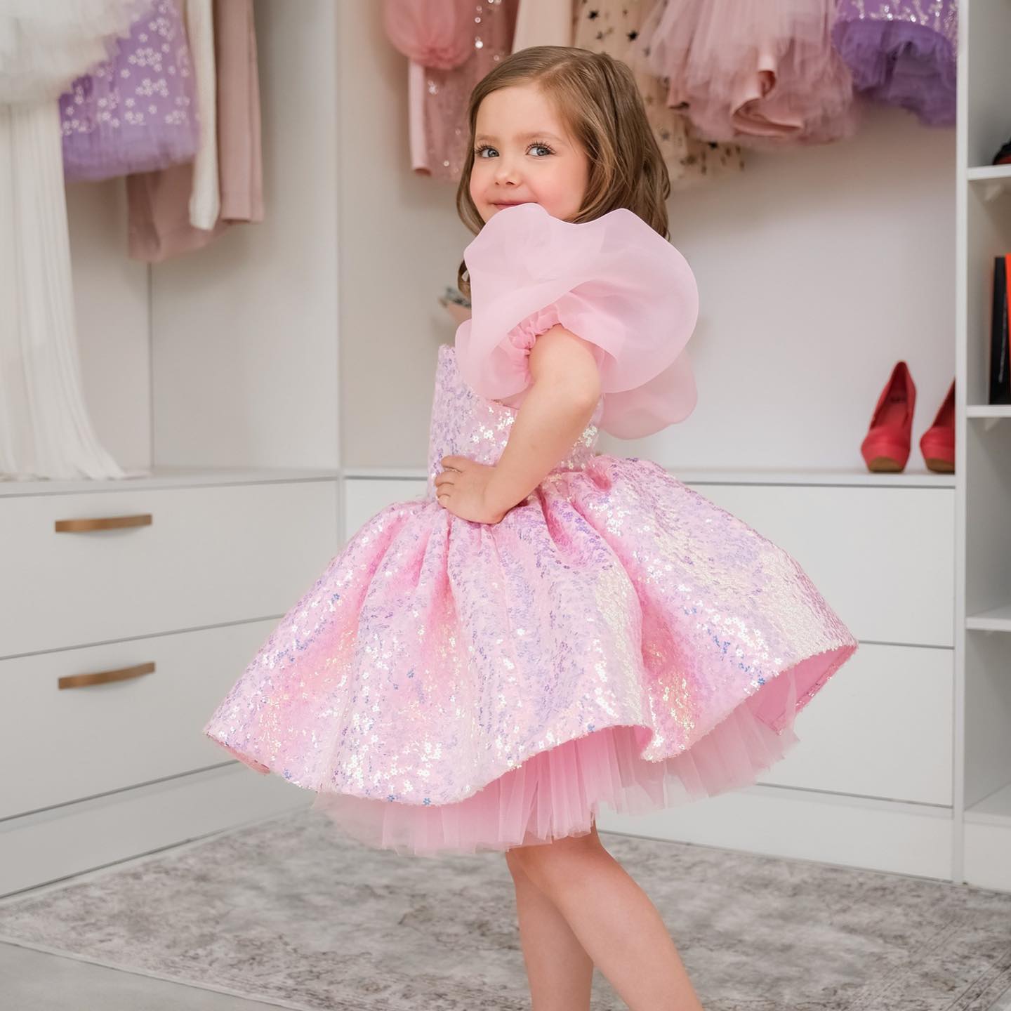Shiny Handmade Flower Girl Party Dress with Puff Sleeves childrensterritory