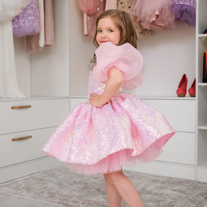 Shiny Handmade Flower Girl Party Dress with Puff Sleeves childrensterritory