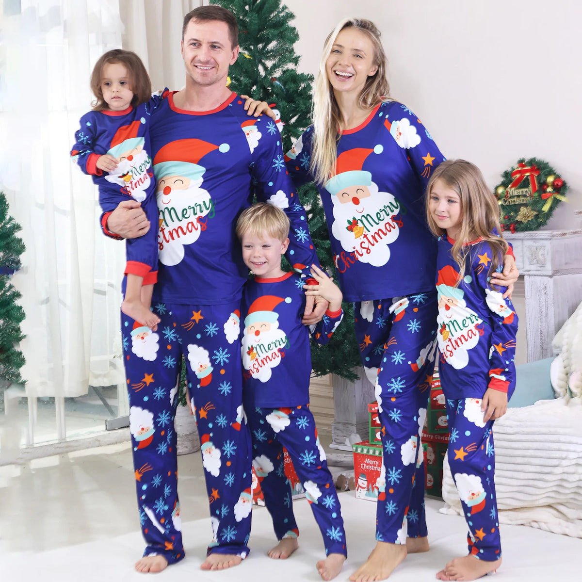 Letter Printed Christmas Family Pajamas Sets in Blue Color