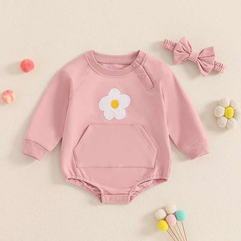 Flower Print Baby Girls Romper with Bowknot Headband