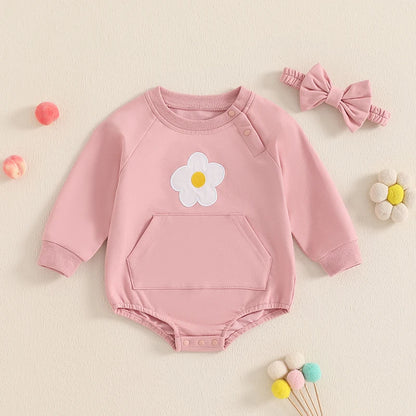 Flower Print Baby Girls Romper with Bowknot Headband