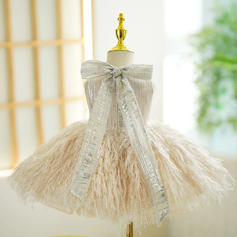 Kids Girls Puffy Feather Design Party Performance Dress childrensterritory