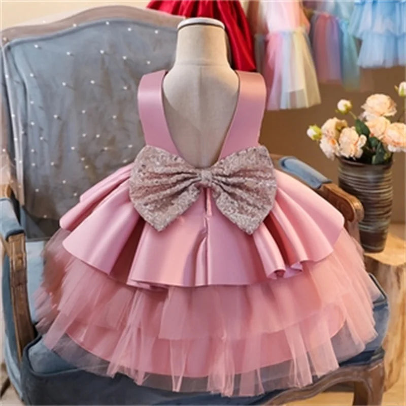 Toddler Girls Lace Embroidery with Big Bow Design Party Gown
