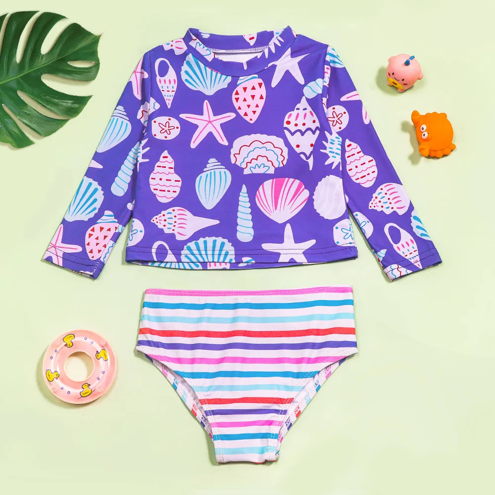 High-Quality Shell-Pattern Striped Swimsuit for Girls childrensterritory