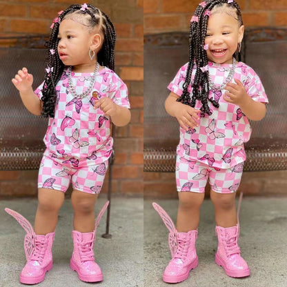 Two Pieces Kids Girls Butterfly Print Summer Clothing Sets childrensterritory