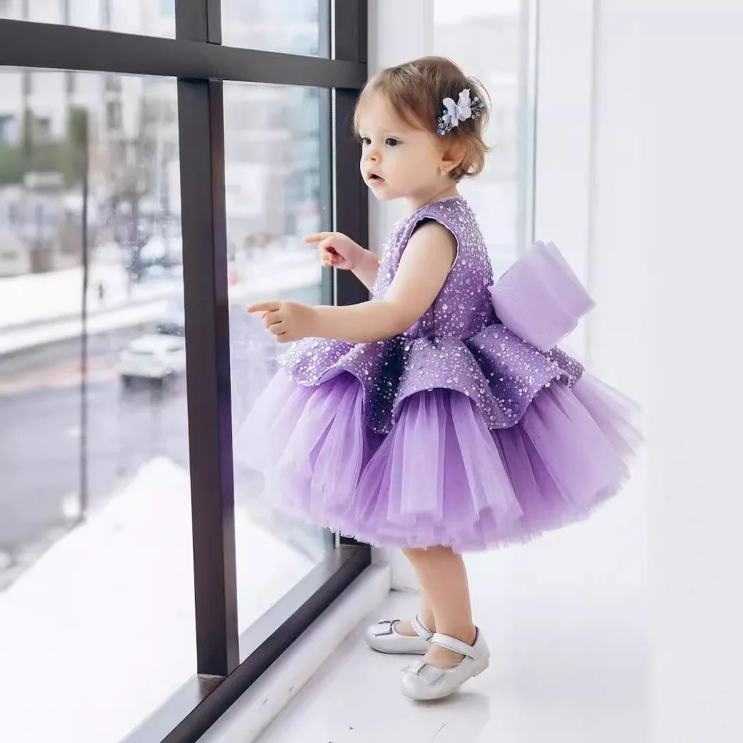 Little Girl Glitter Puff Organza Applique Birthday Party Gown