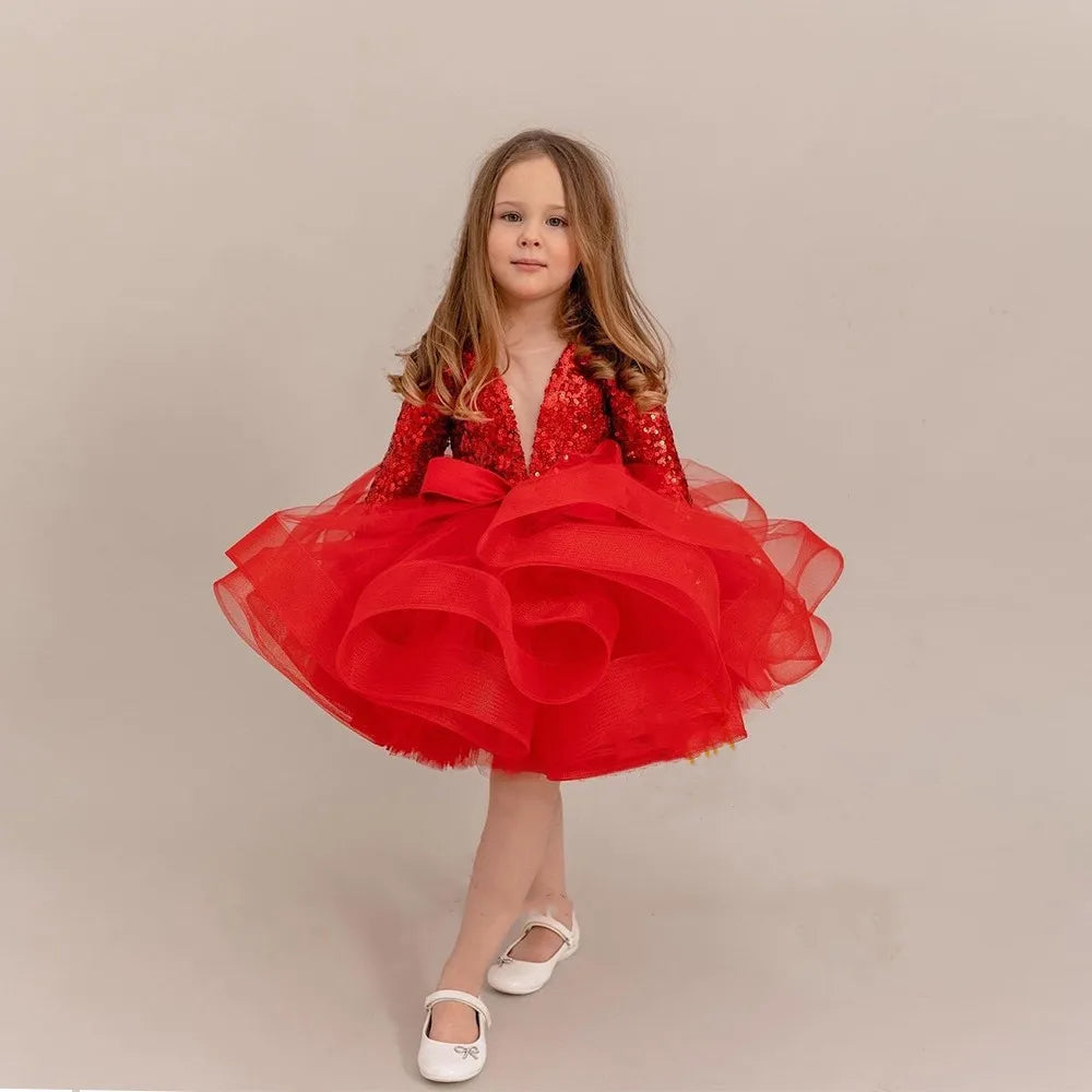 V Neck Long Sleeve Red Flower Girl Dress for Birthday Party childrensterritory