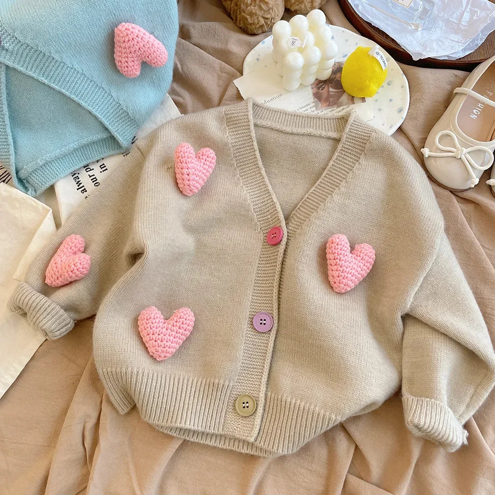 Girls’ Long-Sleeved Soft Winter Sweater with Heart Design