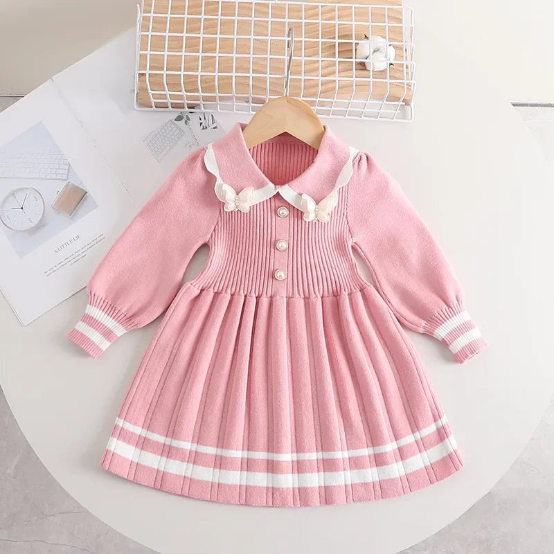 Girls' Collar Design Long-Sleeved Winter Dresses