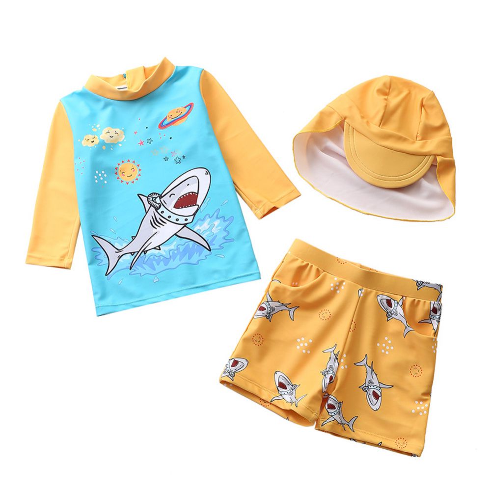Kids Boys Cartoon Print 3pcs Surfing Beachwear With Cap childrensterritory