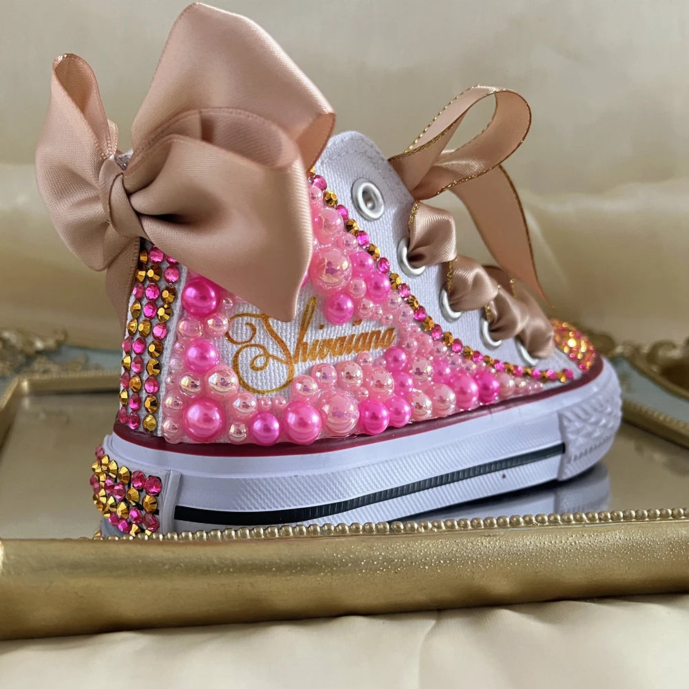 Kids Girls Pink Sparkle Gold Rhinestones Canvas Sneakers