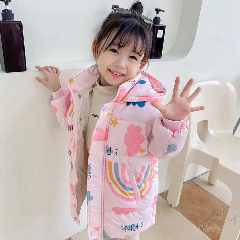 Kids Girls Boys Rainbow Print Down Hooded Jacket childrensterritory