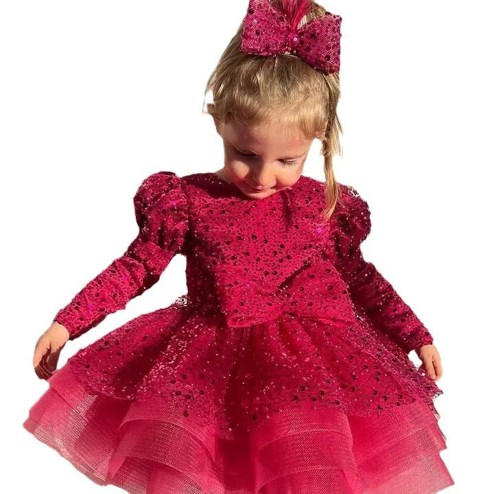Luxury Long-Sleeved Sequined Fluffy Chiffon Wedding Party Dress childrensterritory