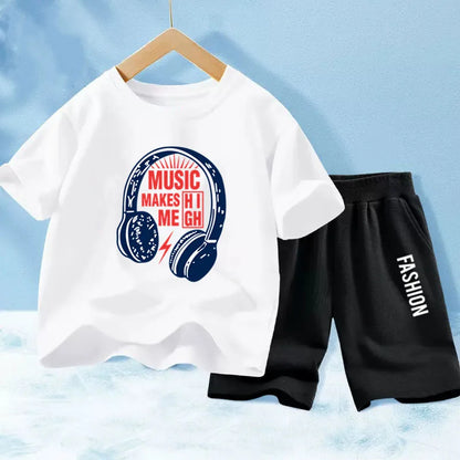 Kids Boys Music Headset Print T-shirt and Shorts Set childrensterritory