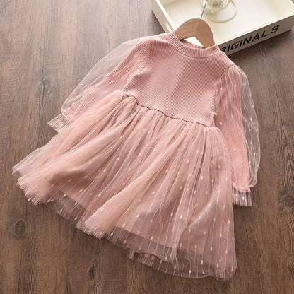 Kids Girls Long Sleeve Mesh Cotton Winter Party Dresses
