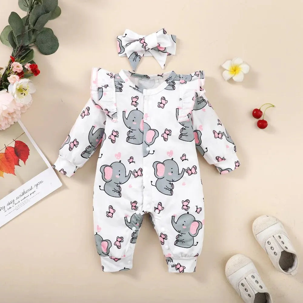 Long Sleeve Elephant Print Baby Girl Romper