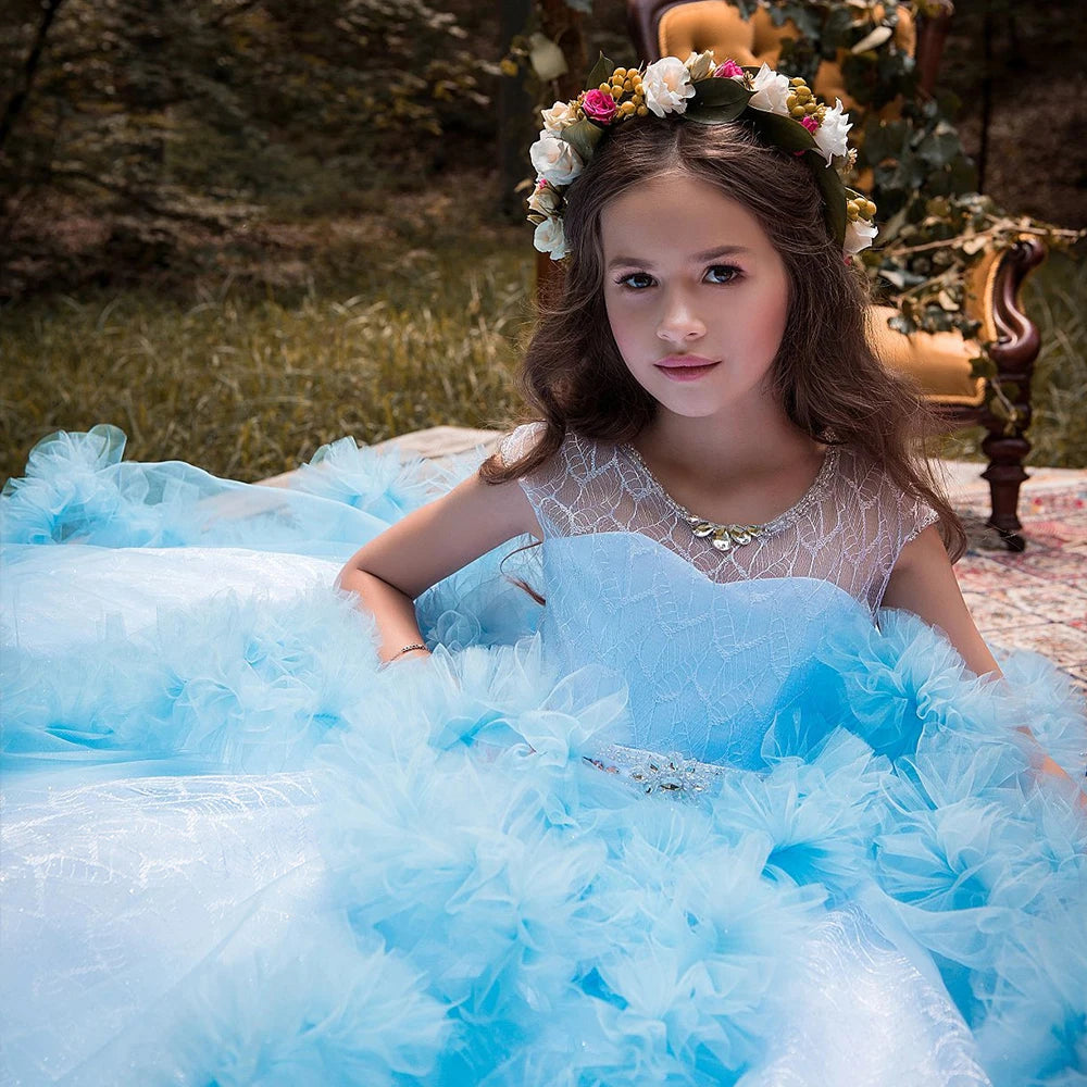 Puffy Layered Tulle Lace Appliques Girls Party Dresses