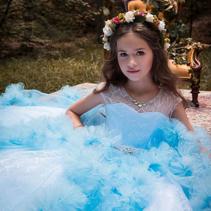 Puffy Layered Tulle Lace Appliques Girls Party Dresses