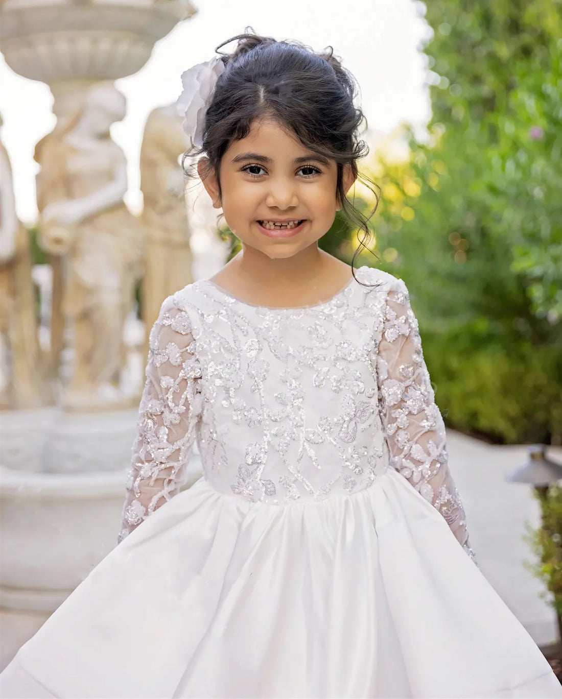 Fluffy Satin Long Sleeves Wedding Dress With Bow for Girls childrensterritory