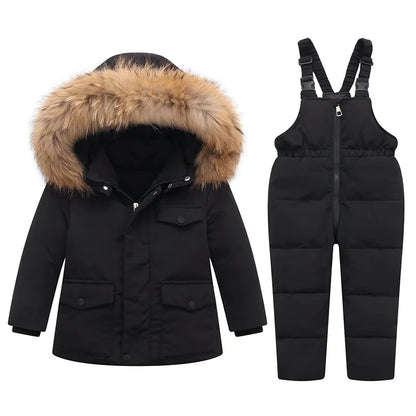Kids Real Fur Hooded Down Parka/Snowsuit Set