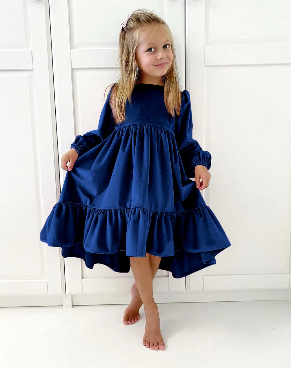 Kids Girls Velvet Long Sleeve Ruffle Hem Party Dresses