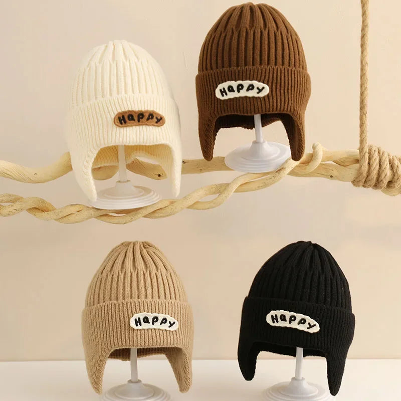 Happy Letter Print Baby Knit Beanies with Earflap childrensterritory