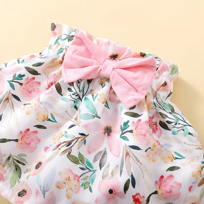 Infant Girl 3-piece Set: Fly-sleeve Romper, Floral Skirt, and Headband childrensterritory