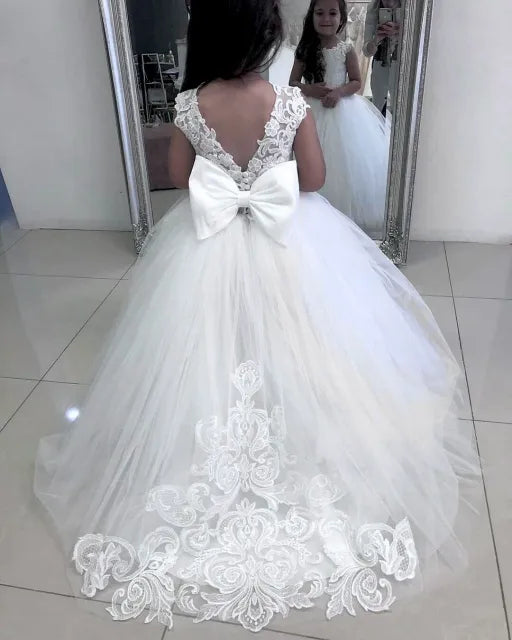 Kids Girl Long Train Floor Length Princess Ball Gown With Bow childrensterritory