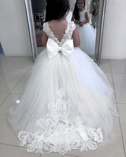 Kids Girl Long Train Floor Length Princess Ball Gown With Bow childrensterritory