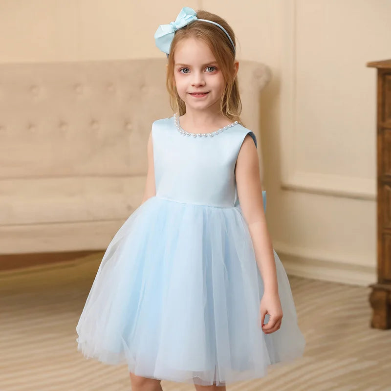 Kids Girls Solid Color Pearl Bow Design Fluffy Princess Dresses childrensterritory