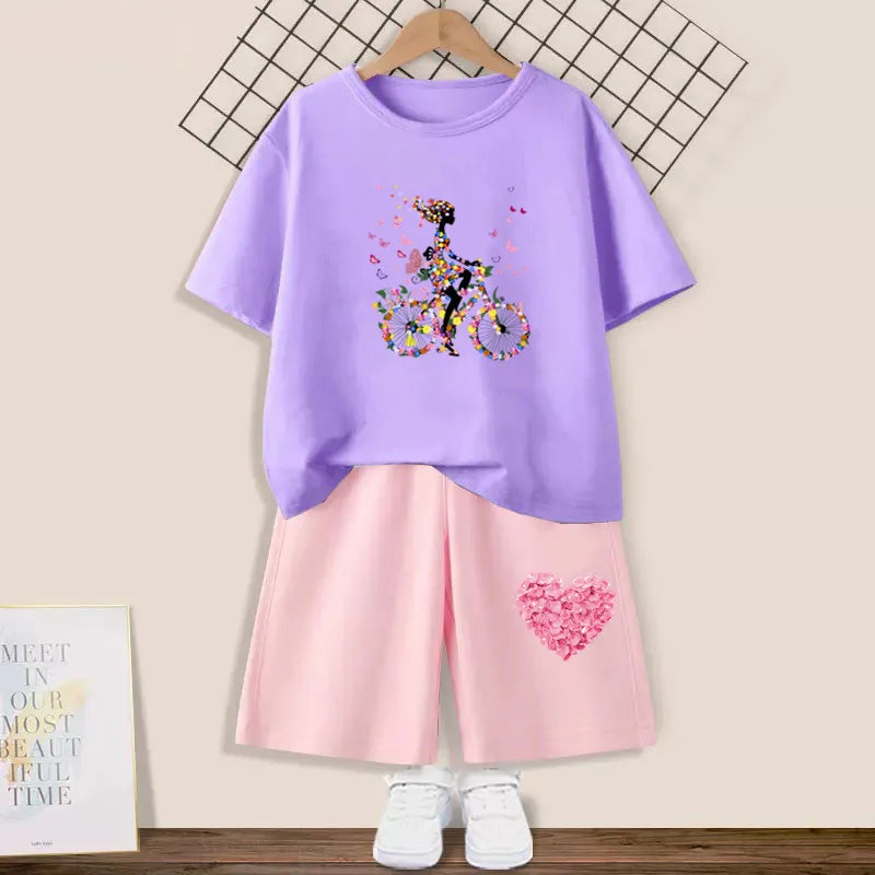 Kids Girls Butterfly High Heel T-shirt +Shorts 2 Piece Tracksuits childrensterritory